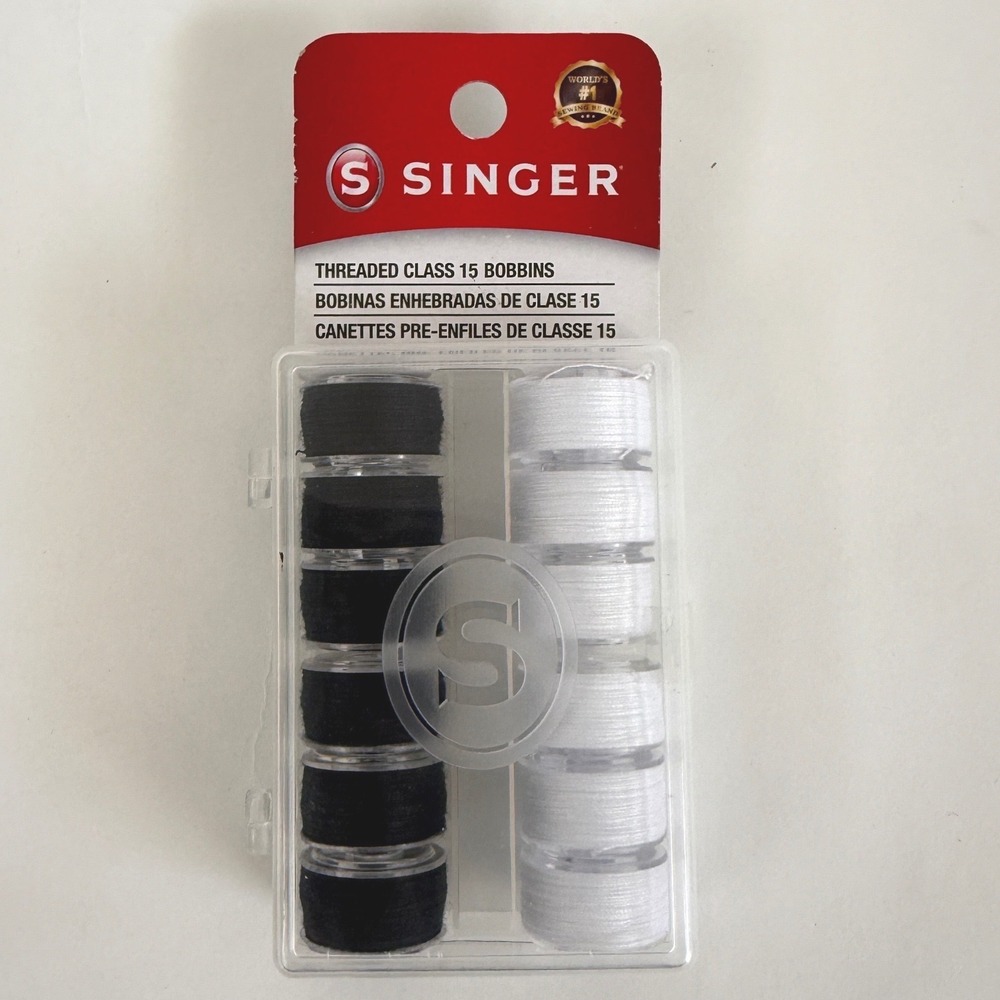 New Singer Threaded Class 15 Bobbins Black and White 12 Count Polyester 42145